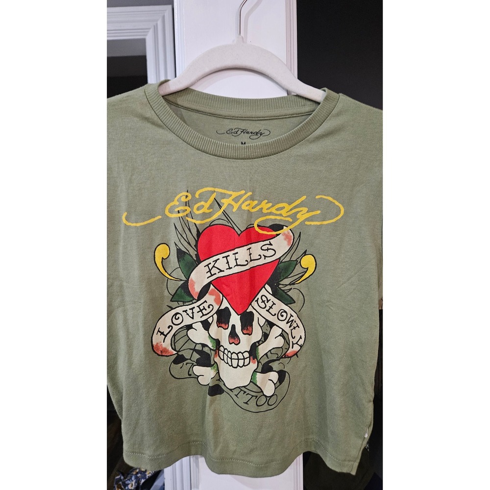 NWT Retro Ed Hardy grunge Womens Love Kills Slowly Graphic Crop Sage Green tip M